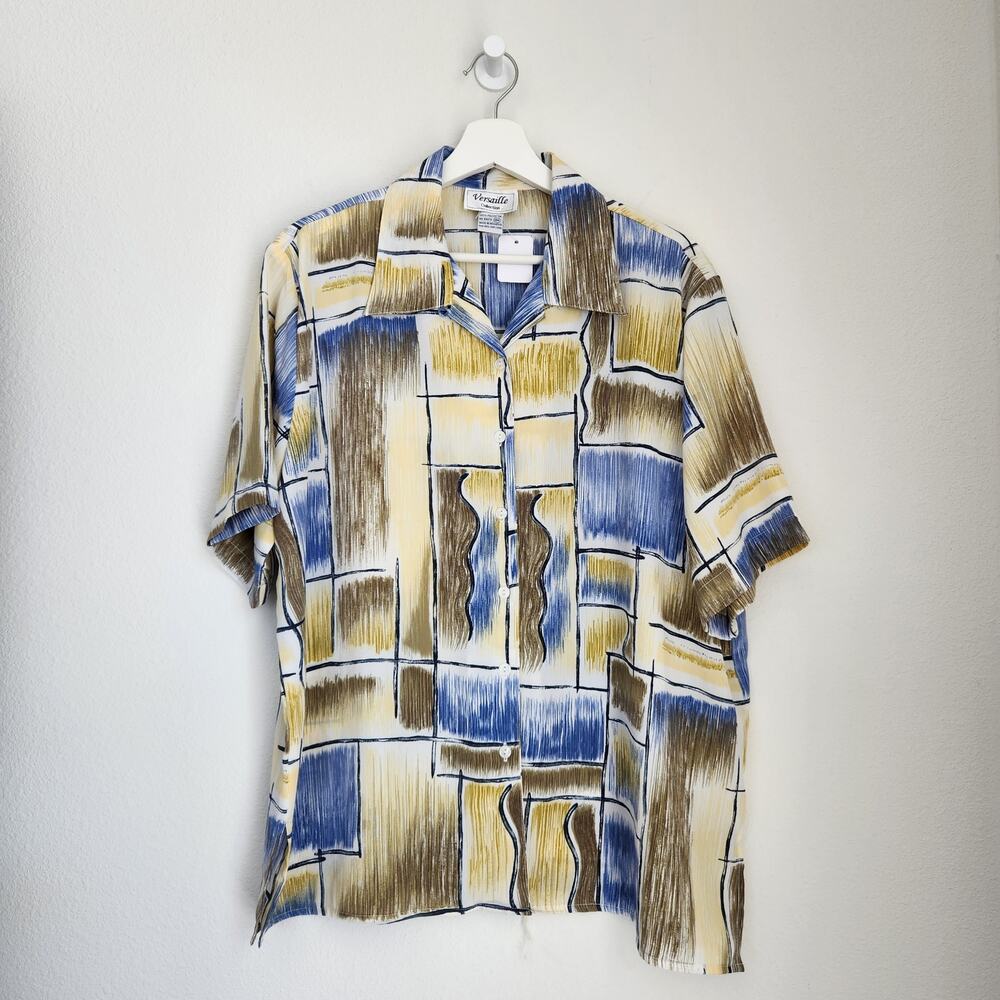 Vintage Versaille White Yellow Blue Abstract Print Button Down Shirt XXL
